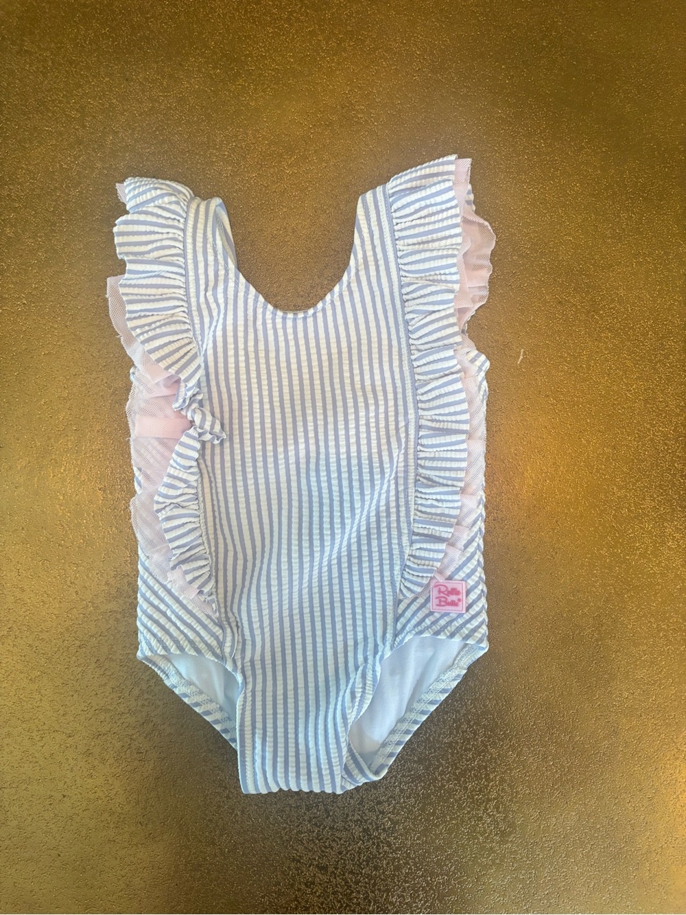 Ruffle Butts Blue and Pink Striped Ruffle One-Piece Swimsuit